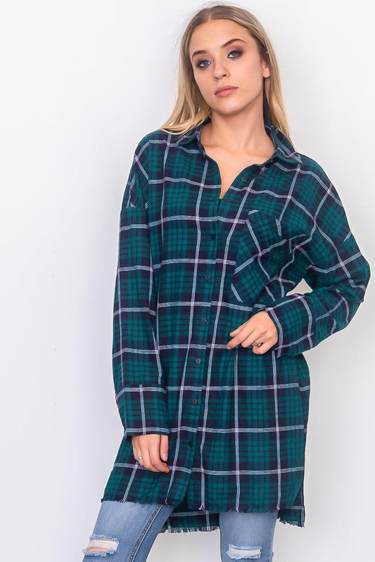 Teal Frayed Hem Plaid Button Down Shirt Dress /3-2-1