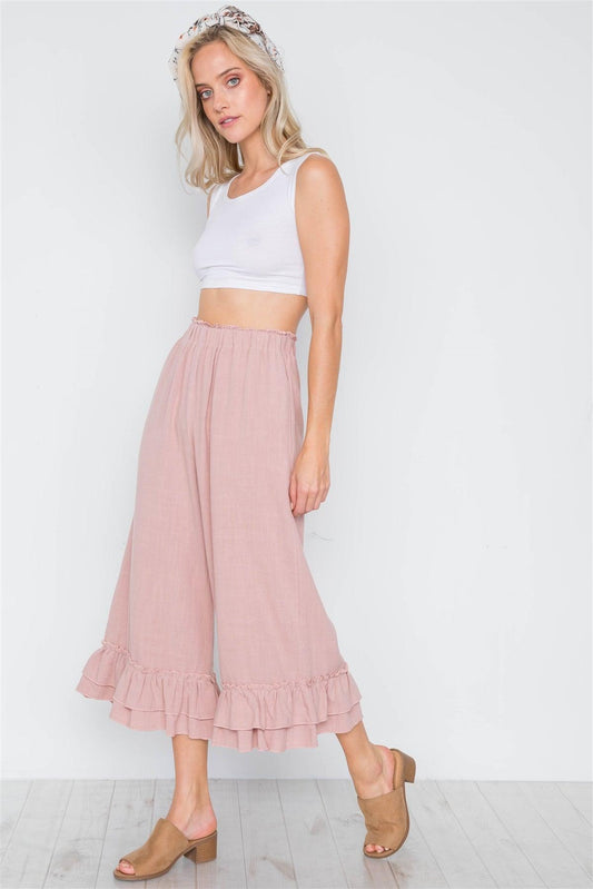 Mauve High-Waist Ruffle Hem Wide Leg Boho Pants /3-2-1