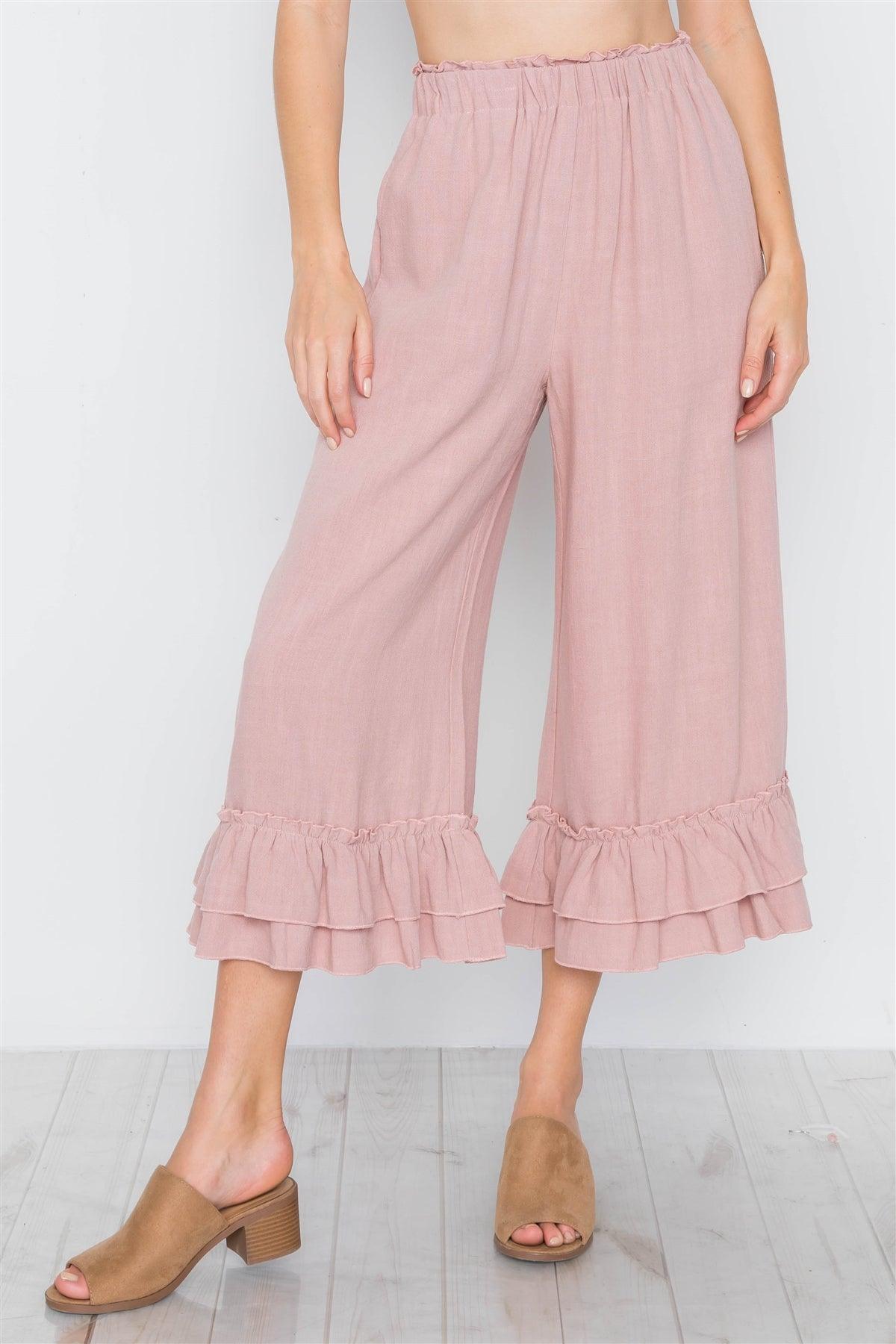 Mauve High-Waist Ruffle Hem Wide Leg Boho Pants /3-2-1