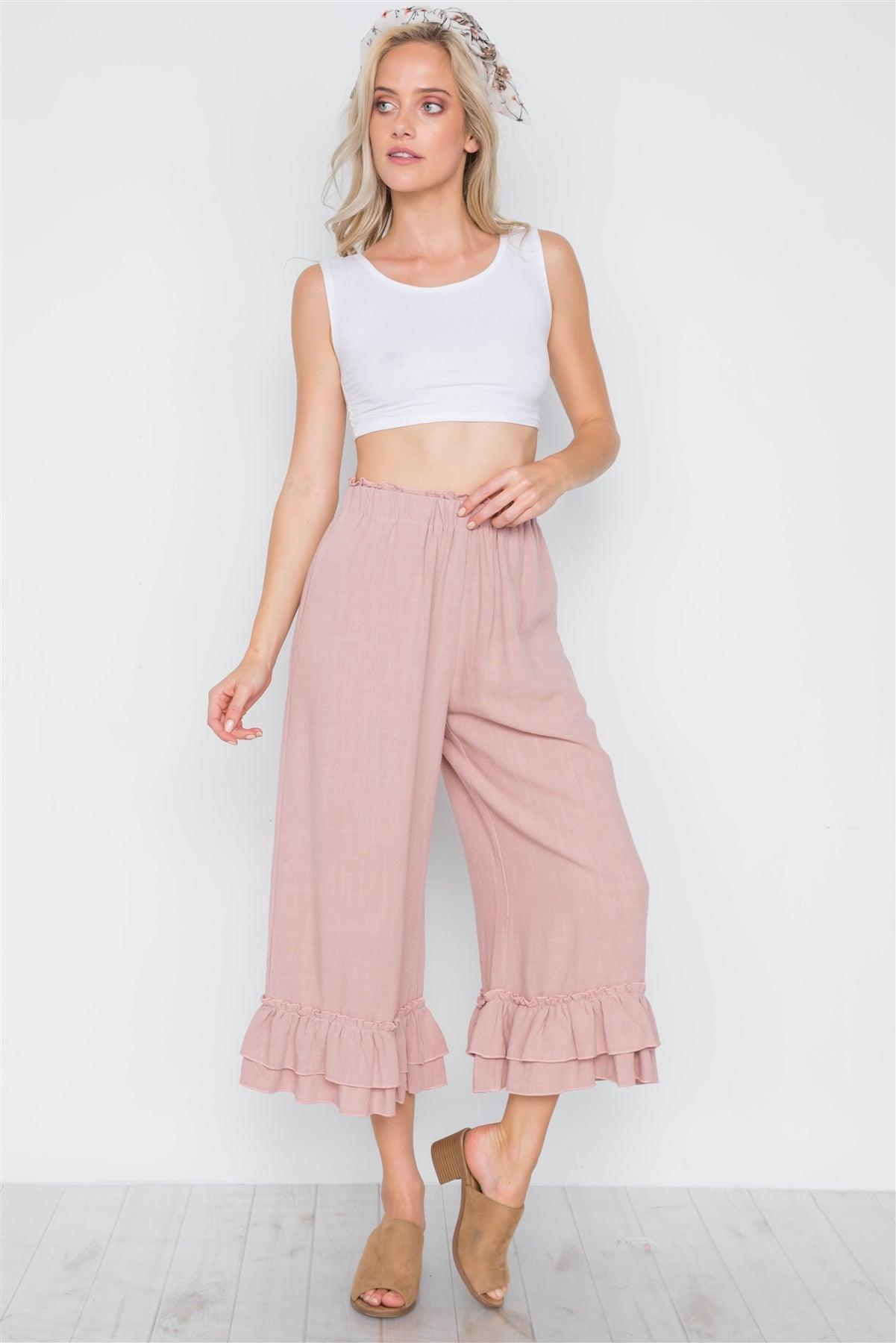 Mauve High-Waist Ruffle Hem Wide Leg Boho Pants /3-2-1