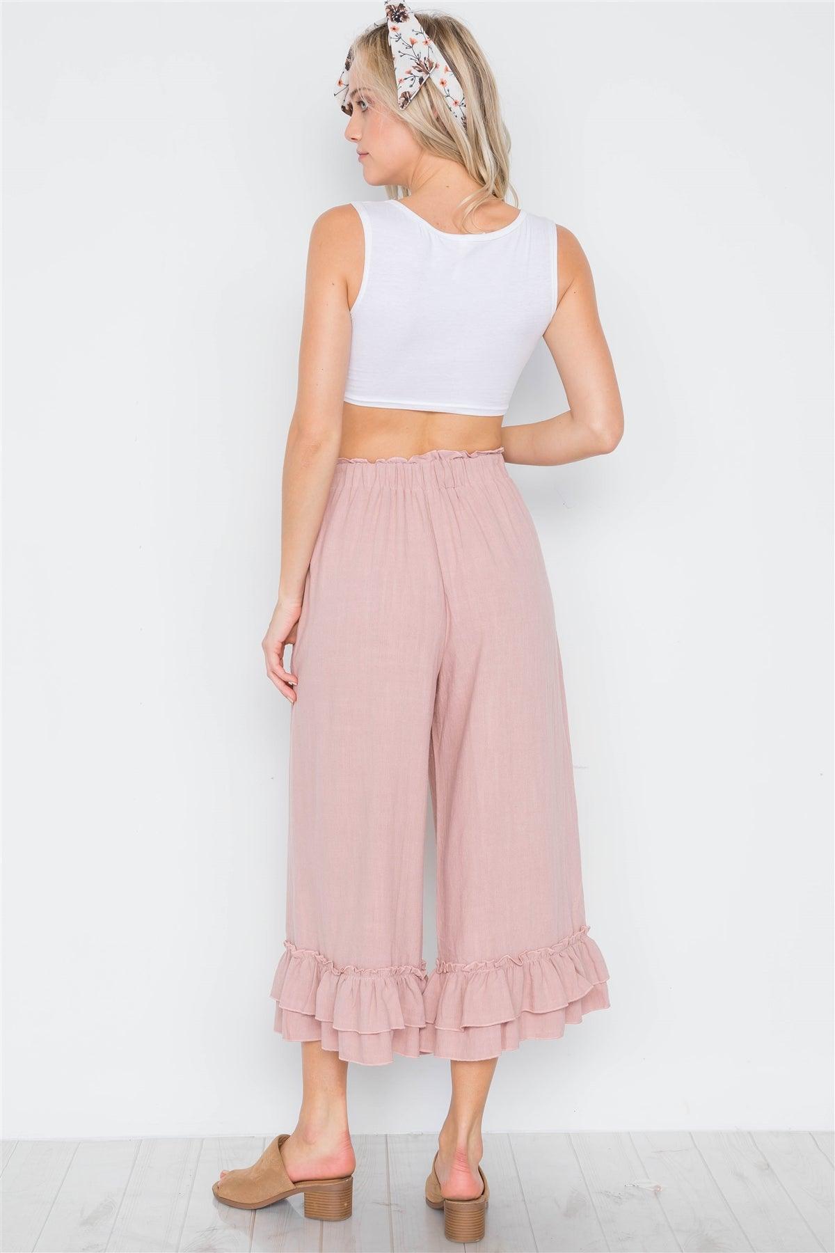 Mauve High-Waist Ruffle Hem Wide Leg Boho Pants /3-2-1