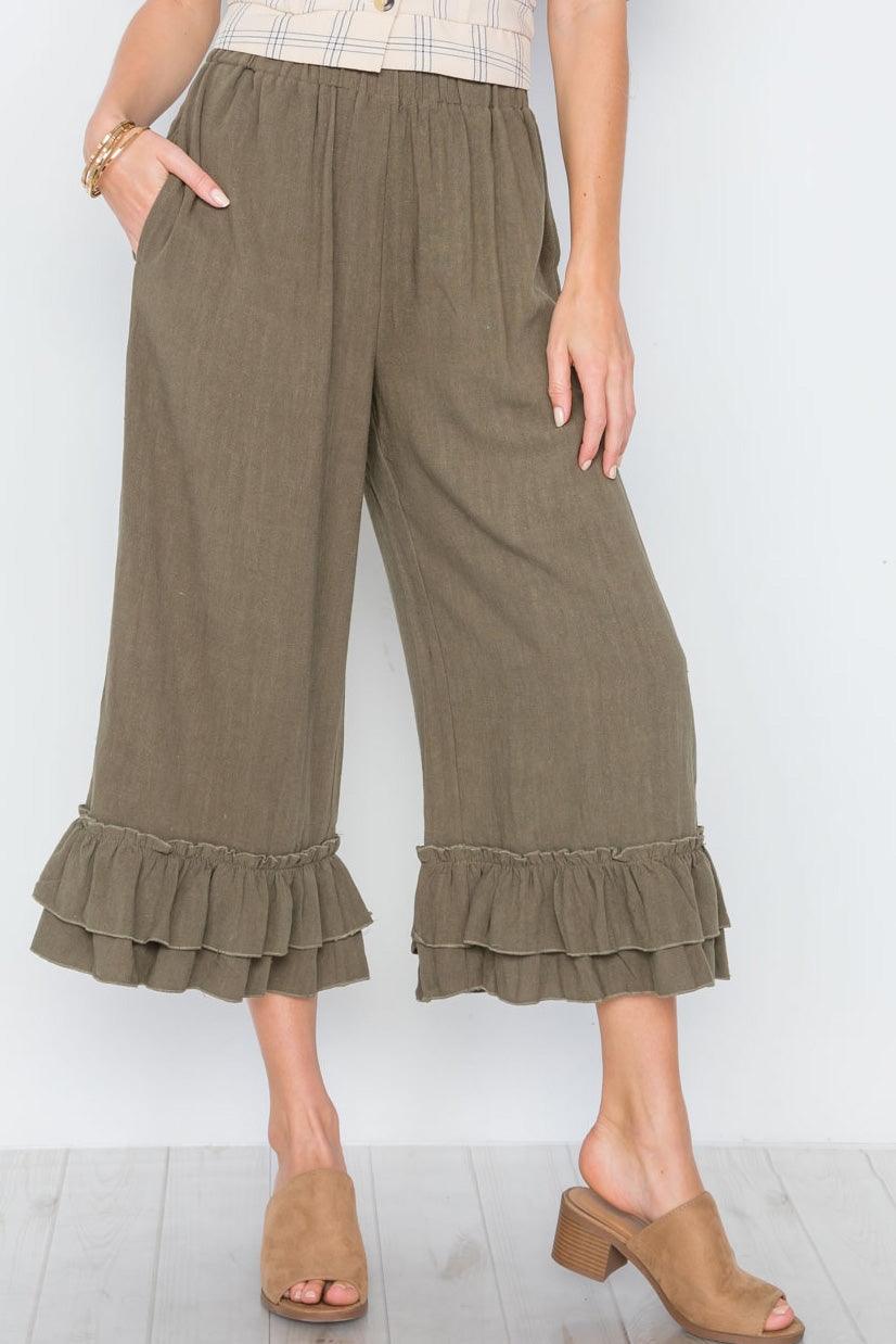 Olive High-Waist Ruffle Hem Wide Leg Boho Pants /3-2-1