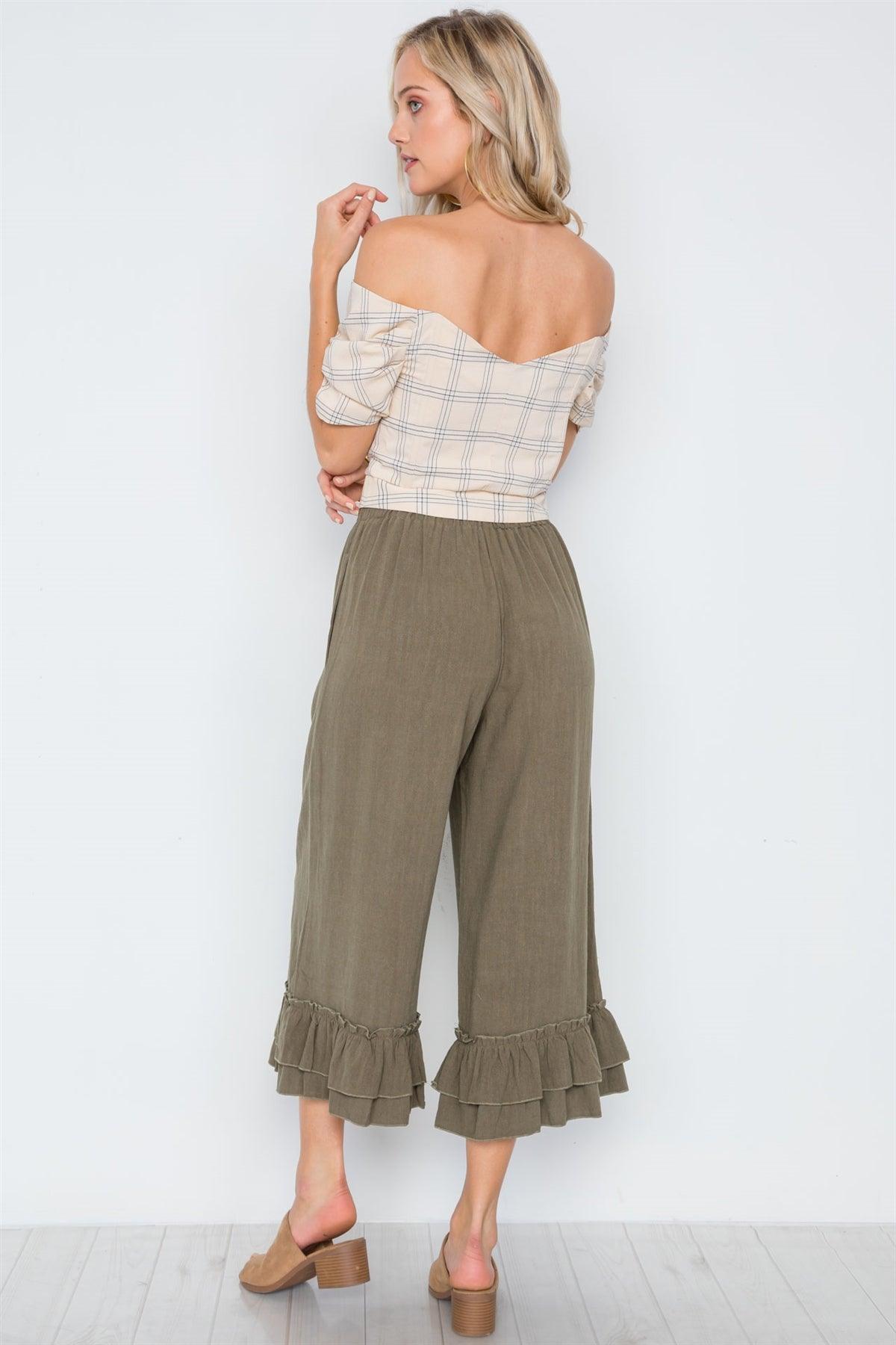 Olive High-Waist Ruffle Hem Wide Leg Boho Pants /3-2-1