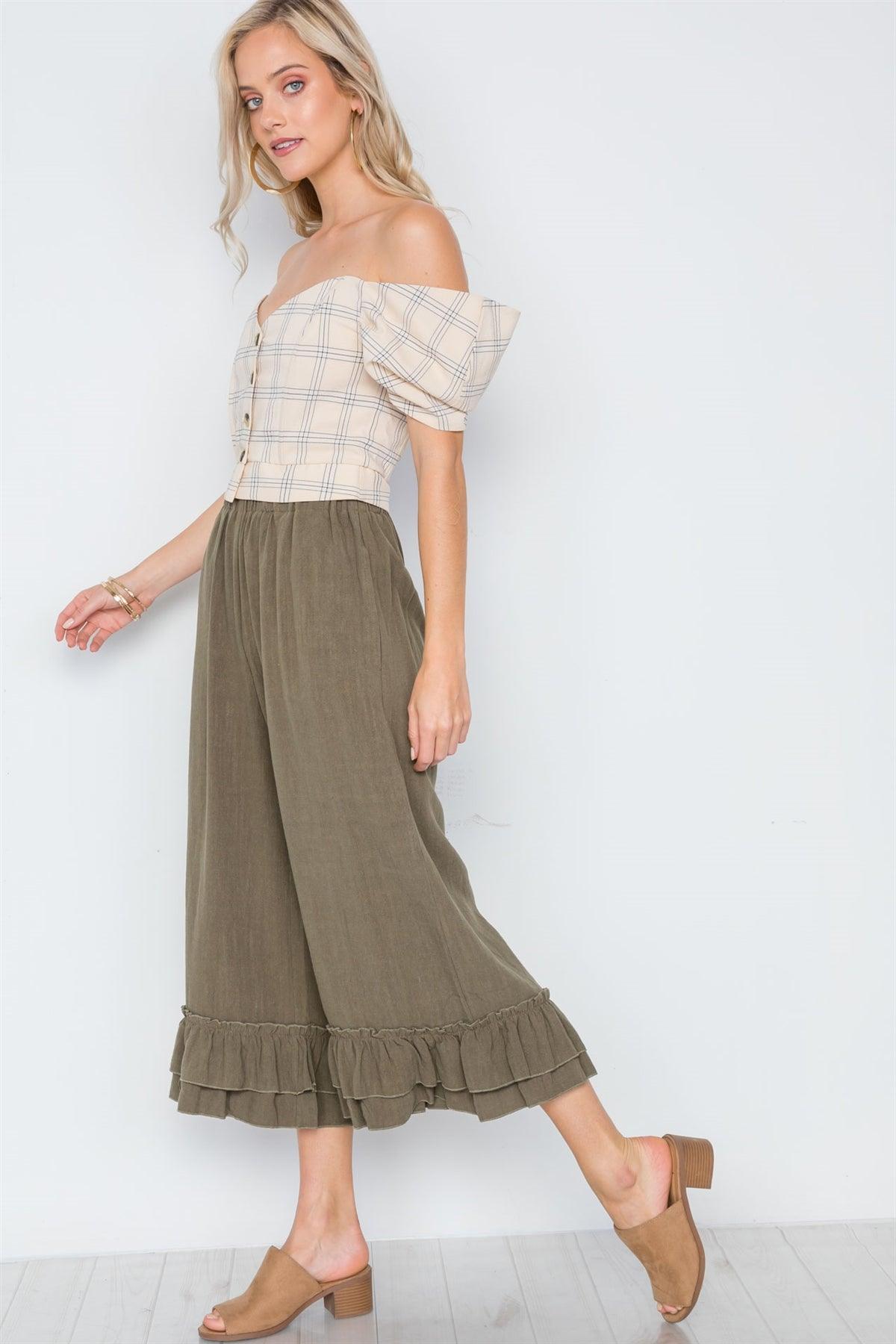 Olive High-Waist Ruffle Hem Wide Leg Boho Pants /3-2-1