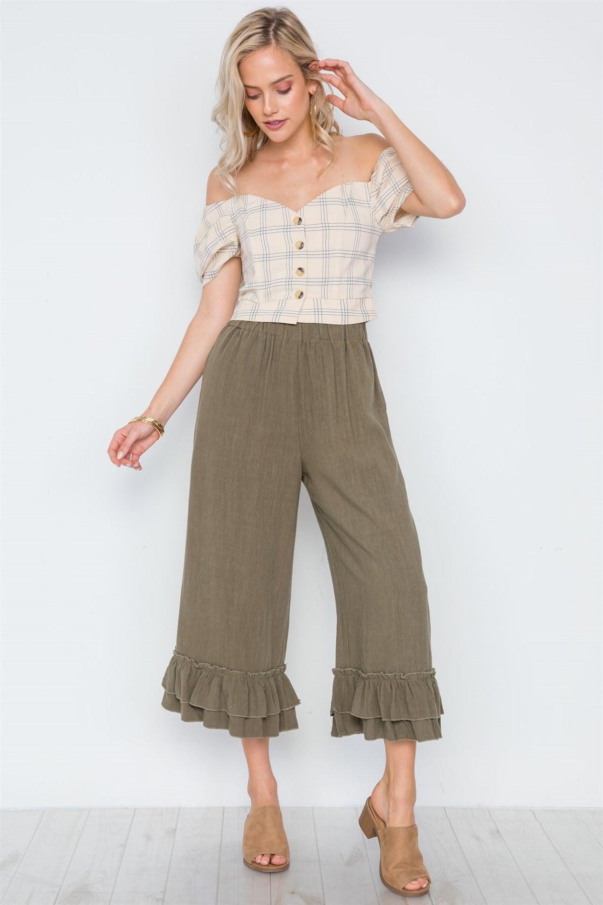 Olive High-Waist Ruffle Hem Wide Leg Boho Pants /3-2-1