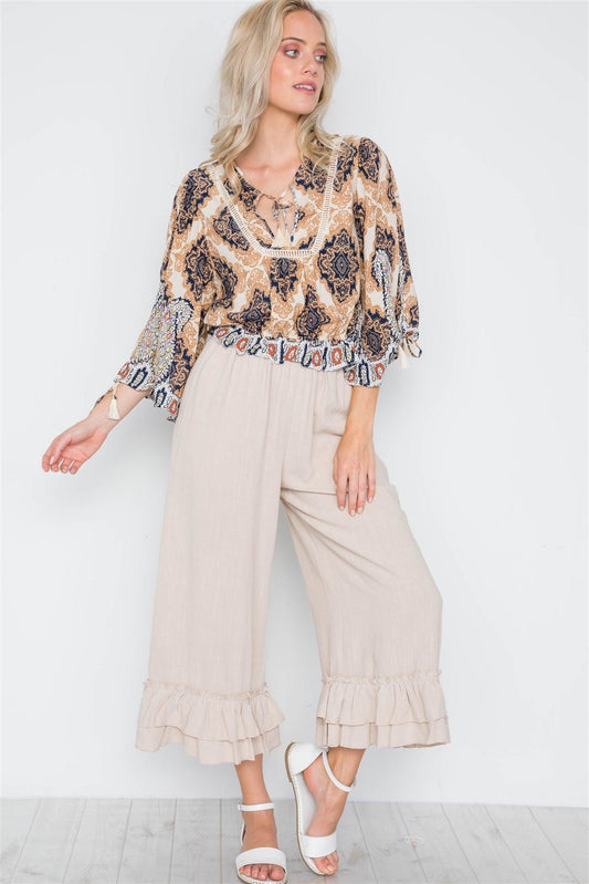 Taupe High-Waist Ruffle Hem Wide Leg Boho Pants /3-2-1