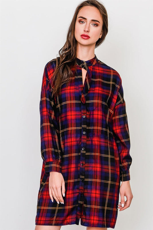 Navy And Brick Chocker Neck Plaid Dress /3-2-1