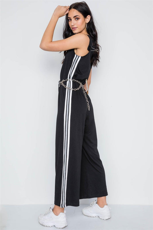 Black Side Stripe Contrast Sleeveless Ankle Jumpsuit /3-2-1