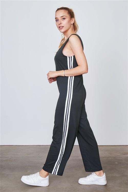 Green Side Stripe Contrast Sleeveless Jumpsuit /2-2-1