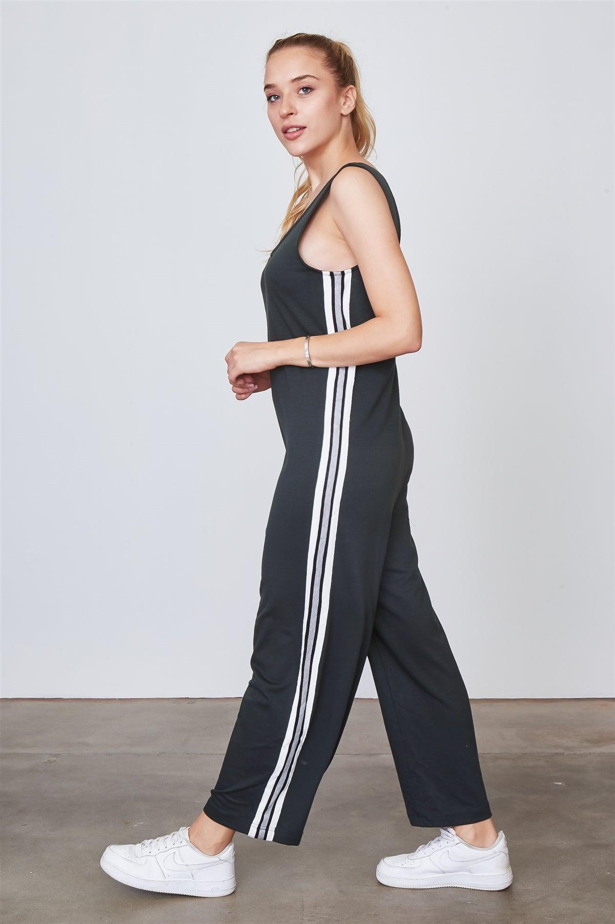 Green Side Stripe Contrast Sleeveless Jumpsuit /3-2-1