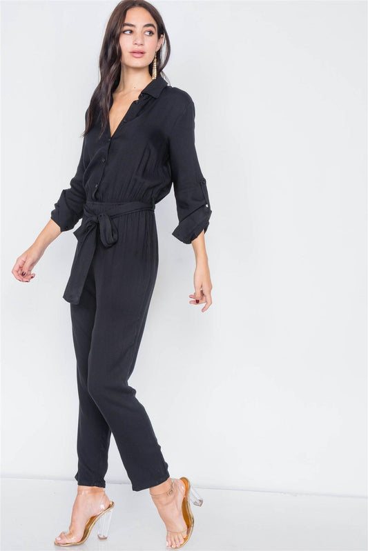 Black Button-Front Straight Leg Jumpsuit /3-2-1