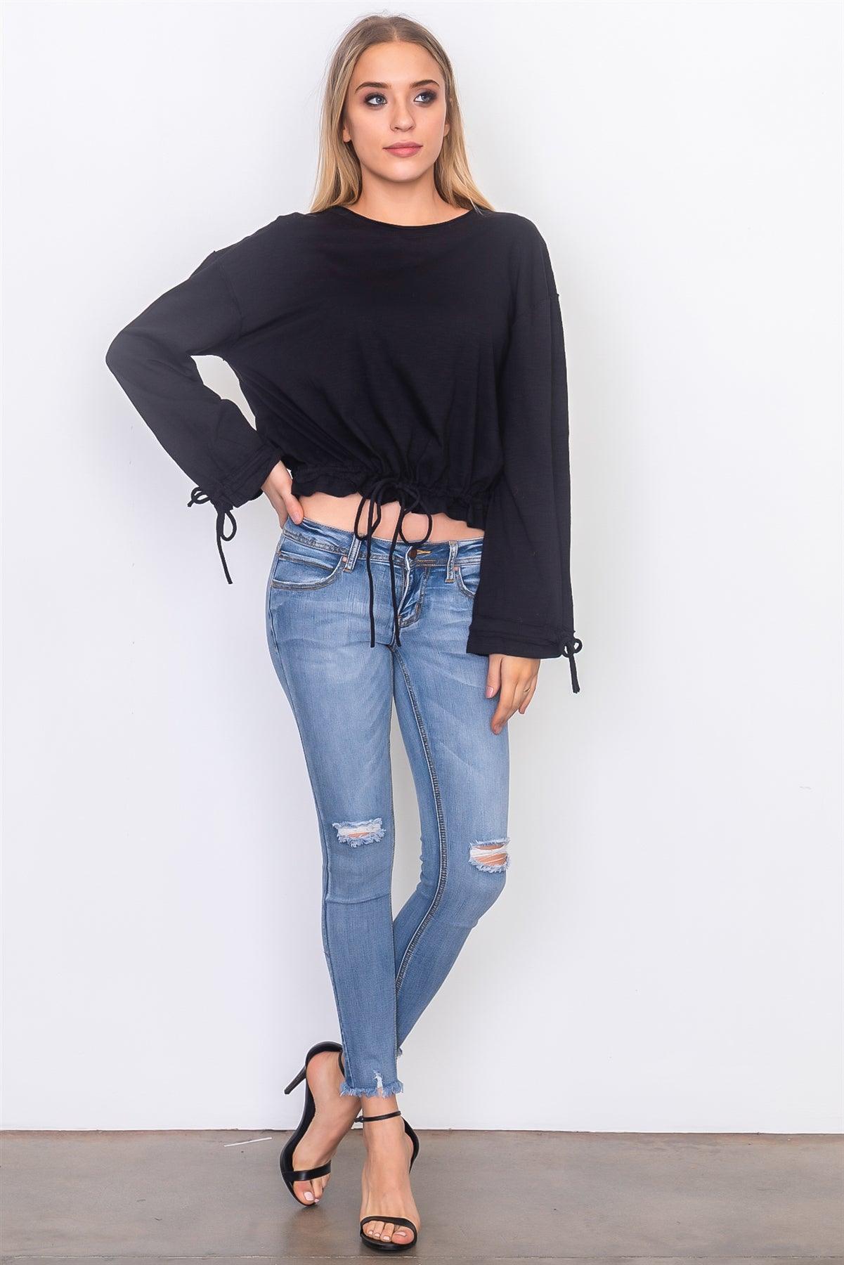 Black Drawstring Hem Jersey Top /3-2-1