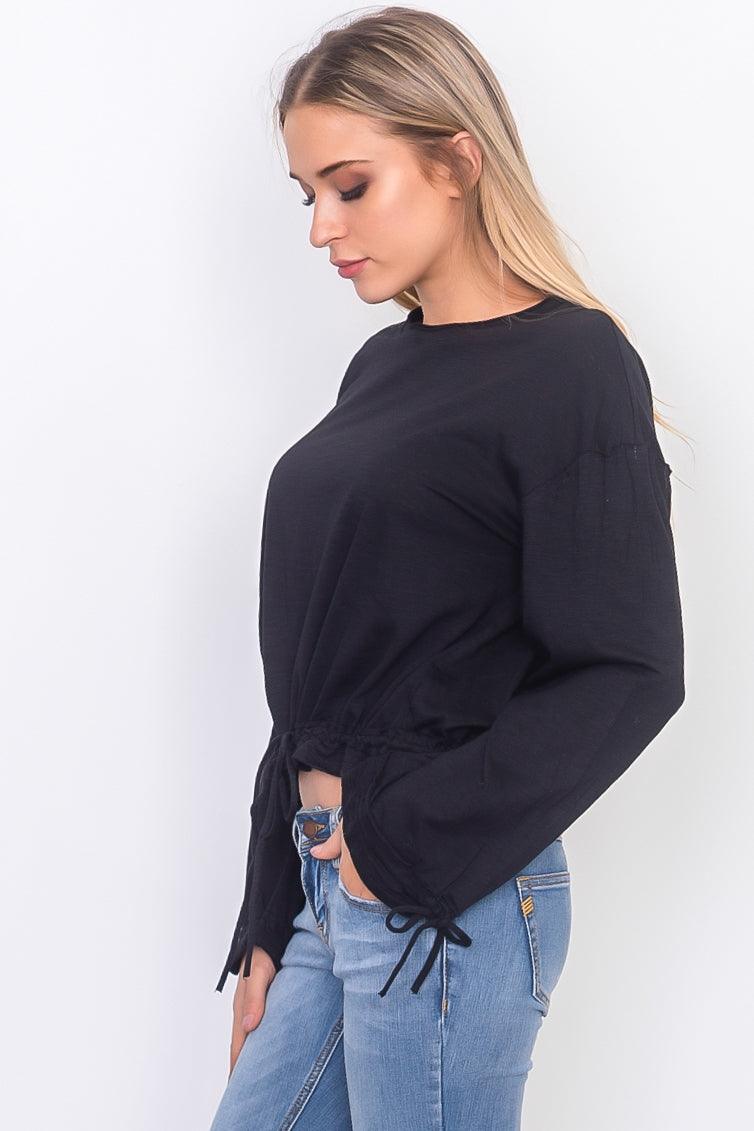 Black Drawstring Hem Jersey Top /3-2-1