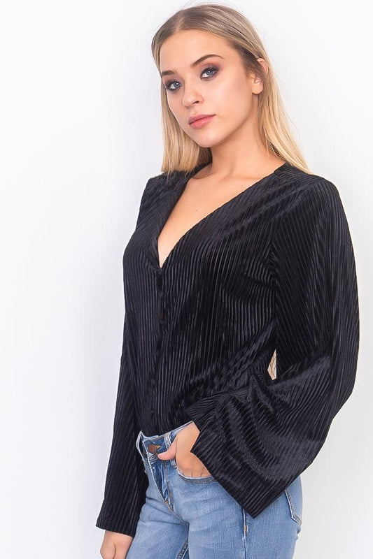 Black Velvet Button Down Bell Sleeve Bodysuit /3-2-1