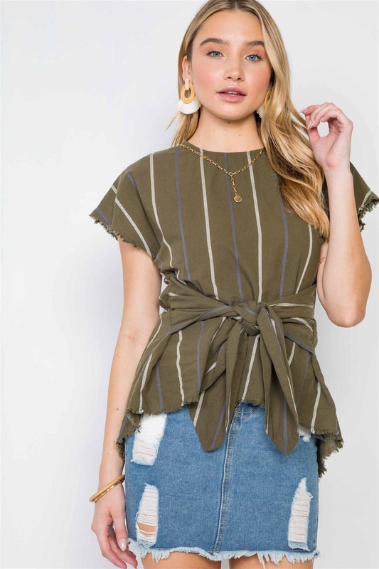 Olive Stripe Front-Tie High-Low Boho Top /2-2-2