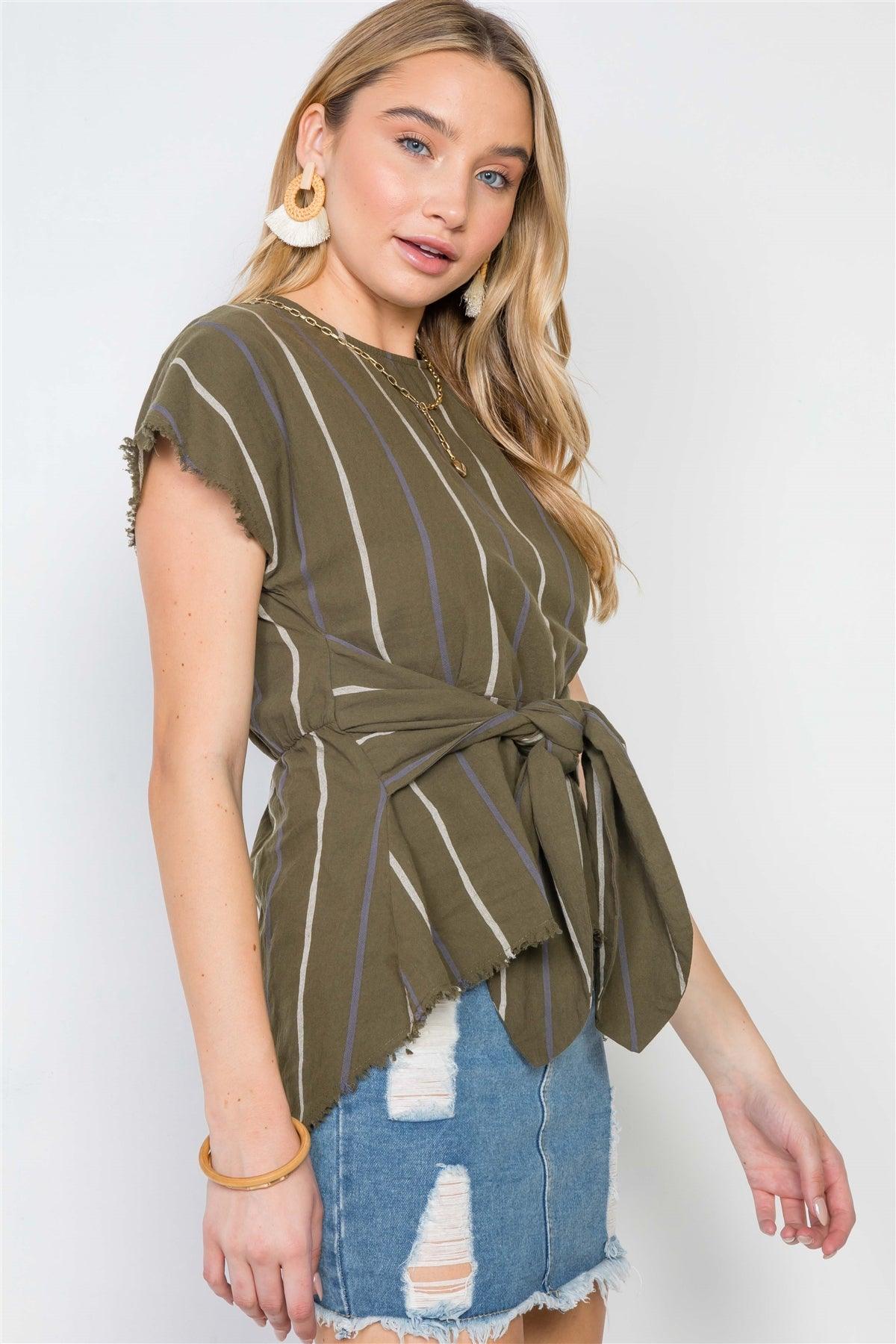 Olive Stripe Front-Tie High-Low Boho Top /2-2-2