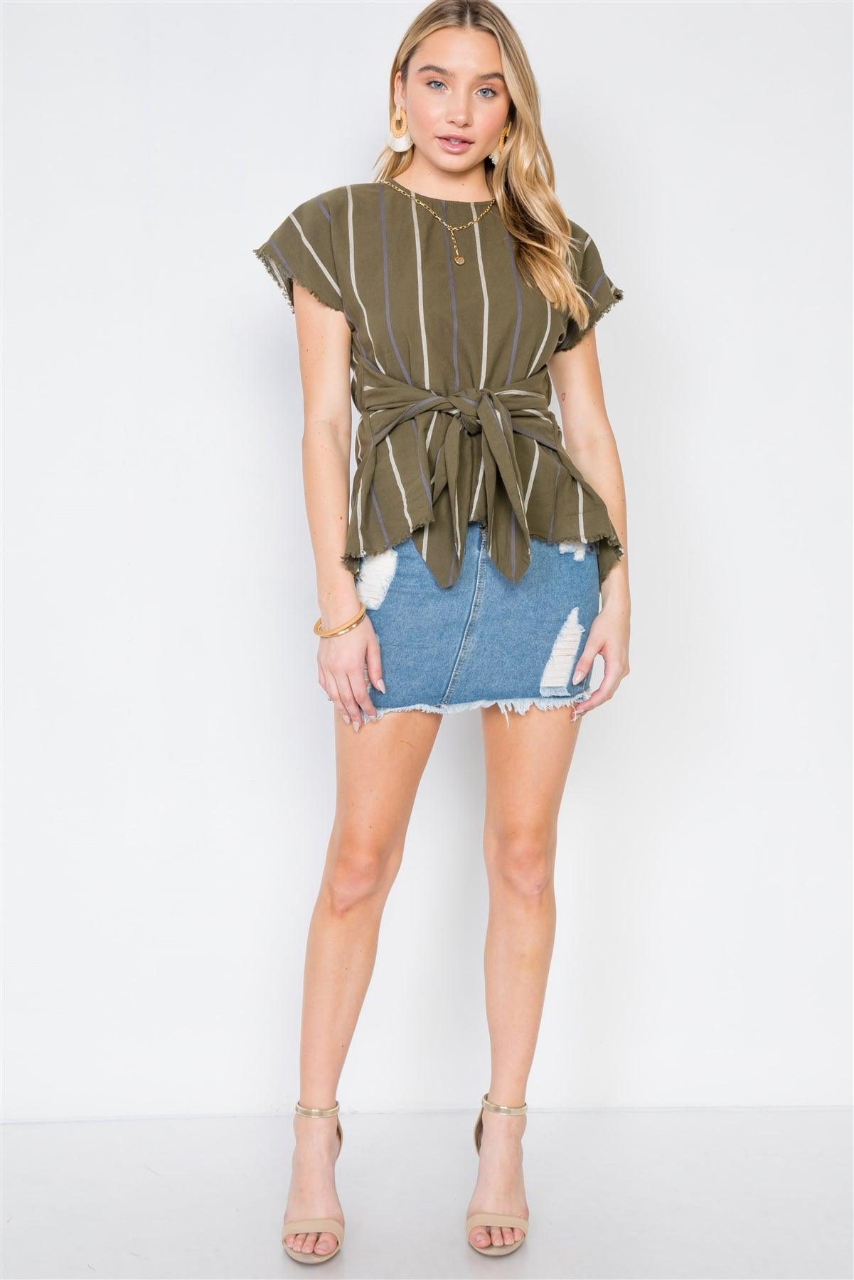 Olive Stripe Front-Tie High-Low Boho Top /2-2-2