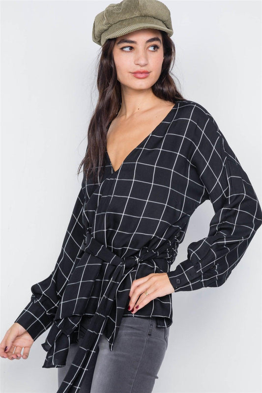 Black & White Stripe Plaid Drop-Shoulder V-Neck Top /2-2-1