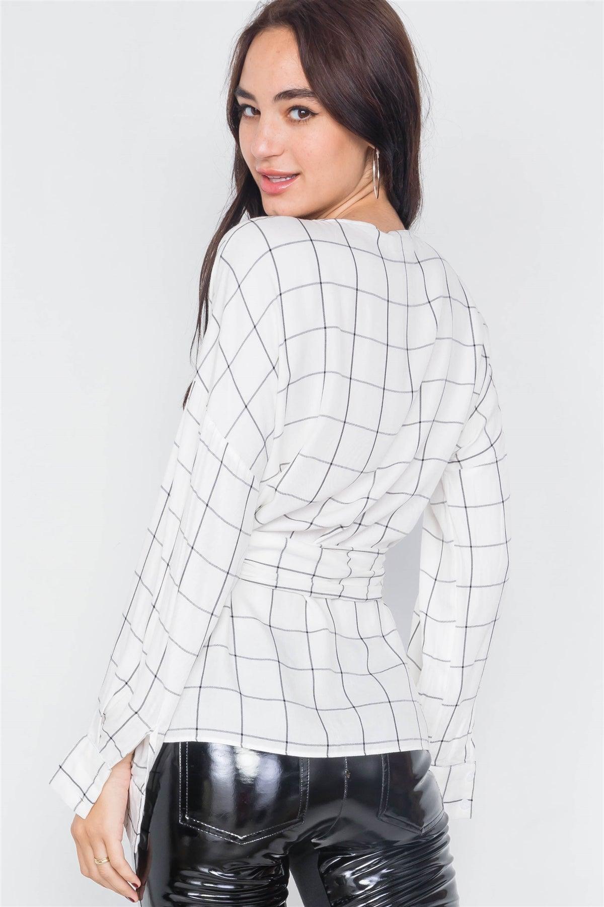 White & Black Stripe Plaid Drop-Shoulder V-Neck Top /3-2-1