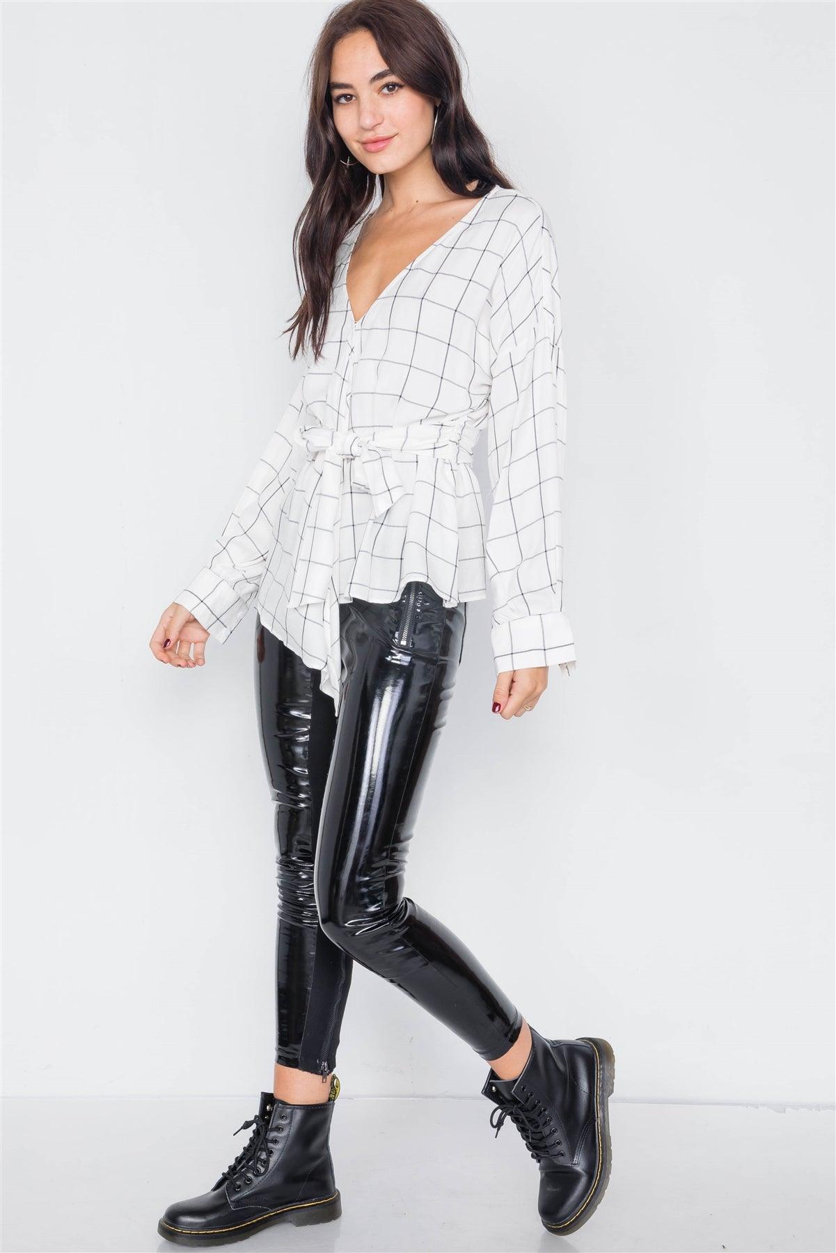 White & Black Stripe Plaid Drop-Shoulder V-Neck Top /3-2-1