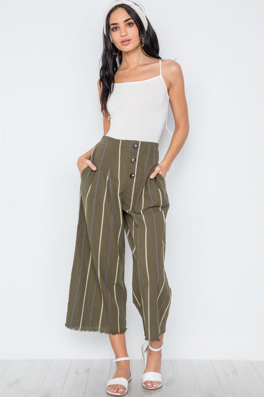 Olive Stripe High-Waist Wide Leg Boho Pants