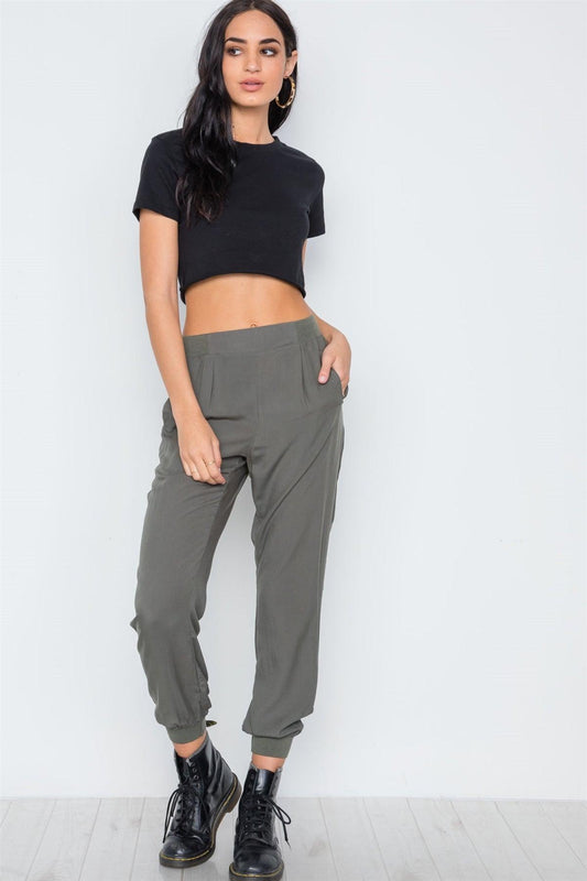 Olive High Waist Casual Side Pockets Pants