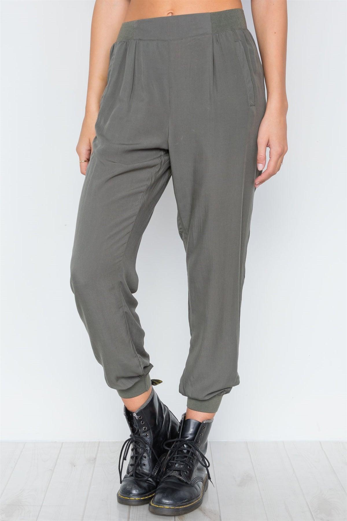 Olive High Waist Casual Side Pockets Pants /3-2-1