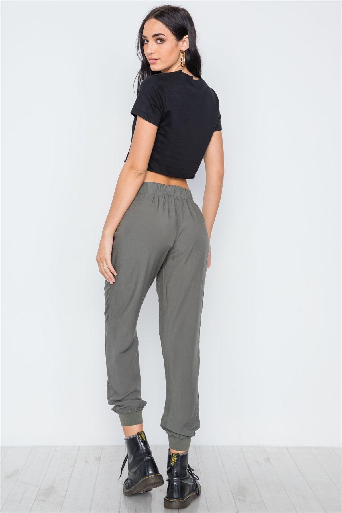 Olive High Waist Casual Side Pockets Pants /3-2-1