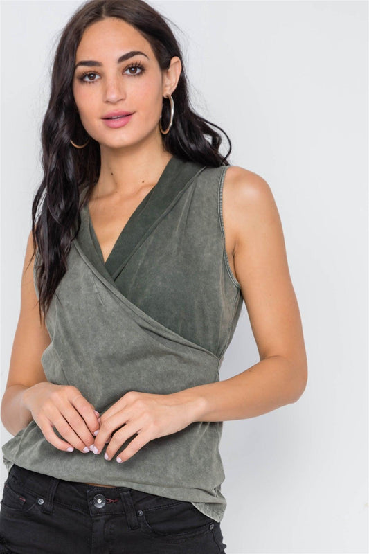 Army Olive Surplice Neck Sleeveless Top /3-2-1