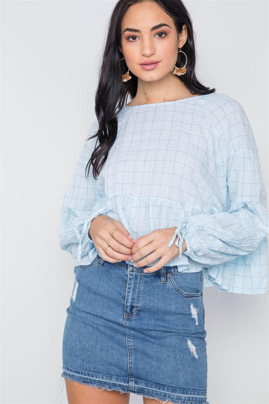 Aqua Checkered Long Sleeve Flounce Crop Boho Top /3-2-1