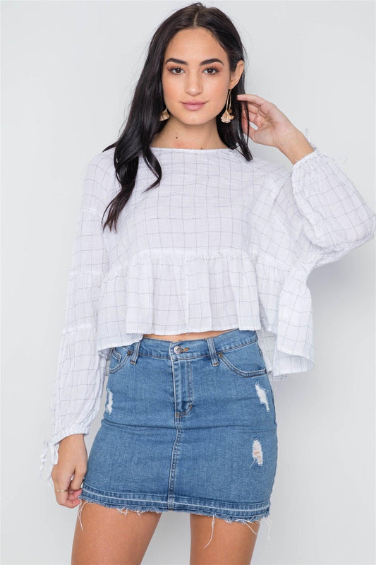 White Checkered Long Sleeve Flounce Crop Boho Top /3-2-1