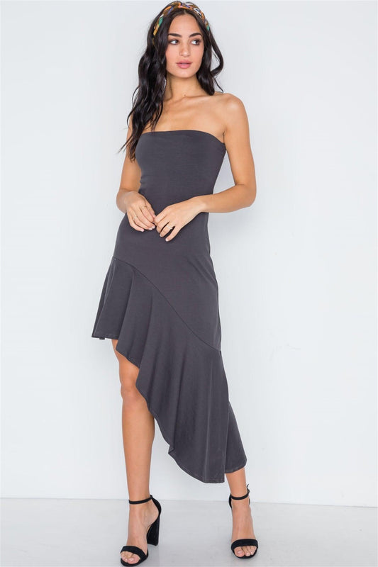 Charcoal Strapless Flounce Hem Solid Dress /3-2-1