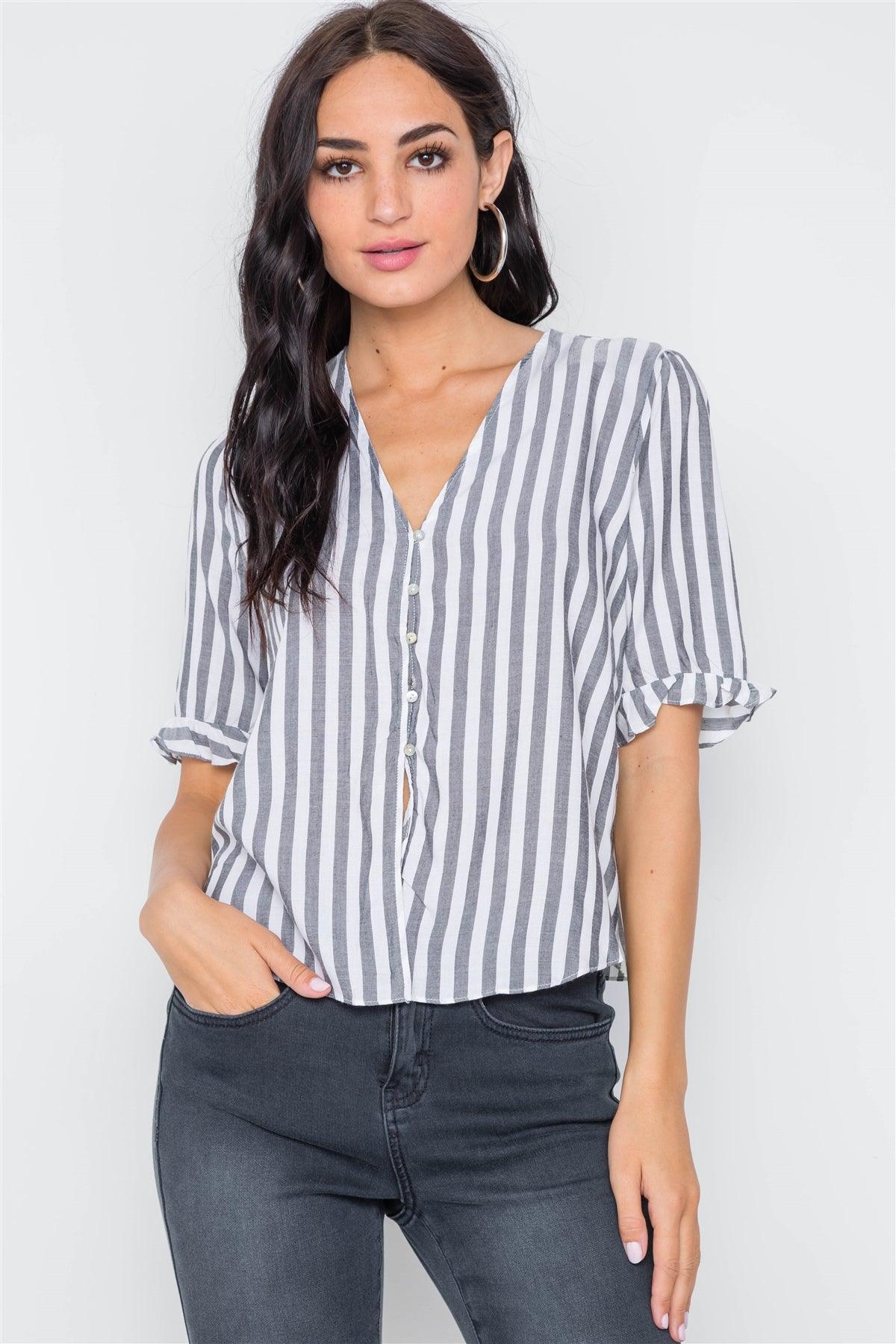 Black Stripe V-Neck Casual Stripe Button Down Top /3-2-1