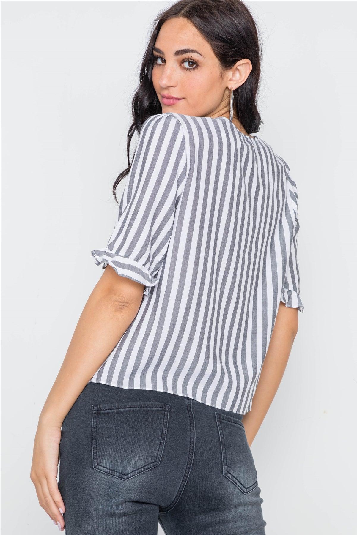 Black Stripe V-Neck Casual Stripe Button Down Top /3-2-1