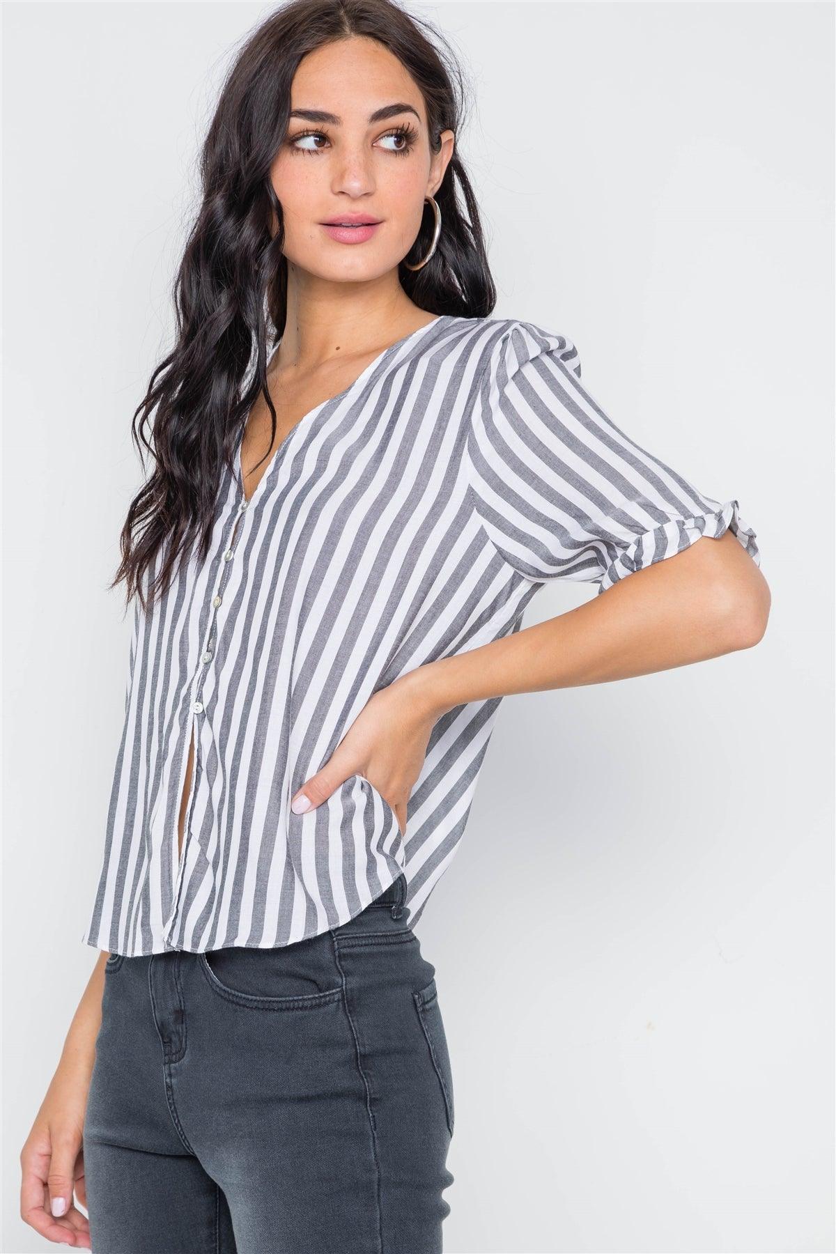 Black Stripe V-Neck Casual Stripe Button Down Top /3-2-1