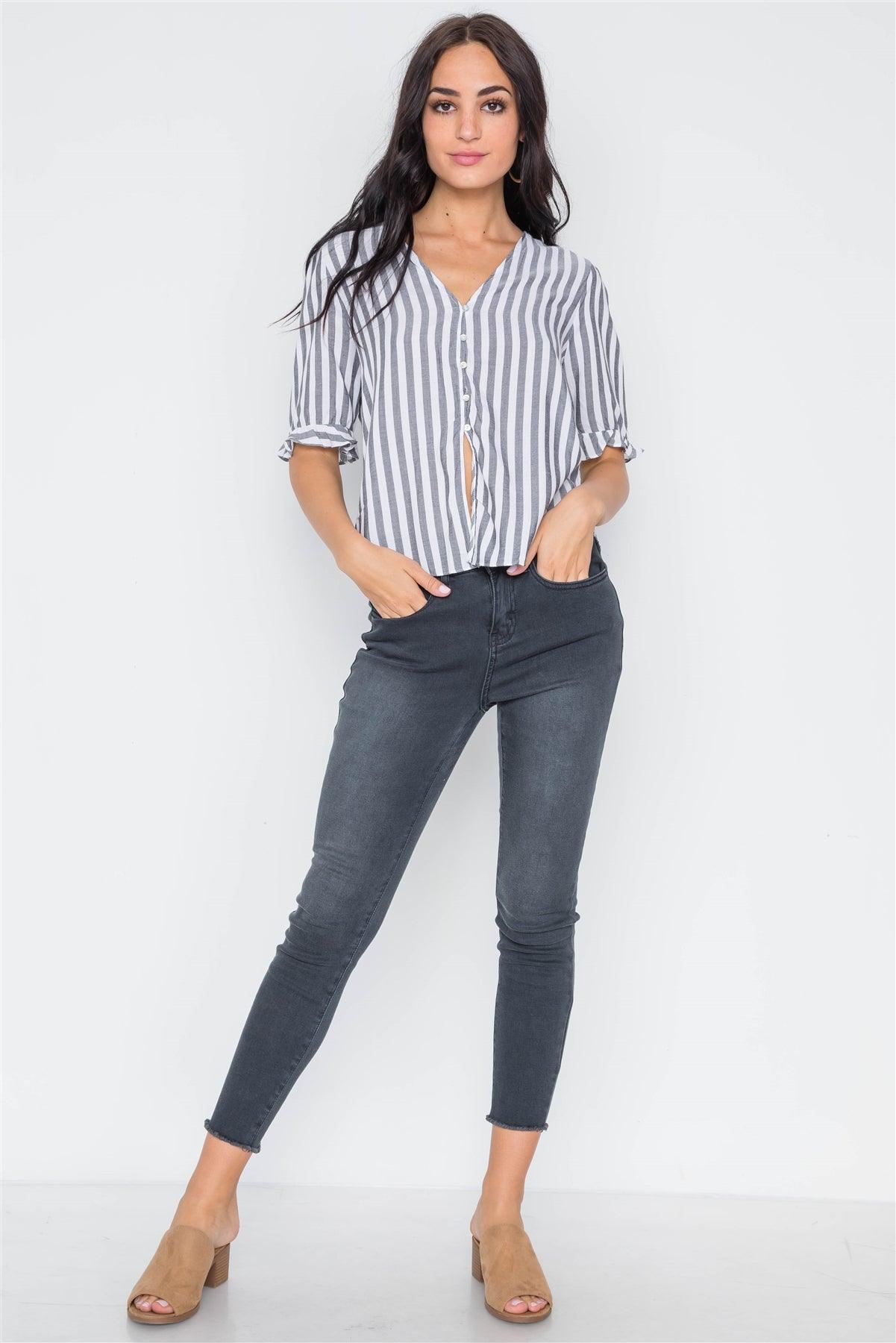 Black Stripe V-Neck Casual Stripe Button Down Top /3-2-1