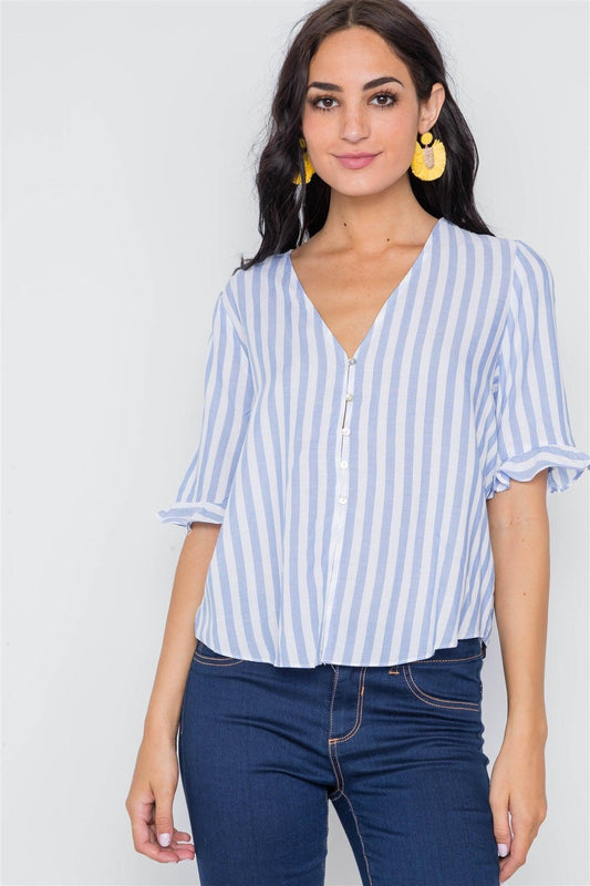 Light Blue Stripe V-Neck Casual Stripe Button Down /3-2-1