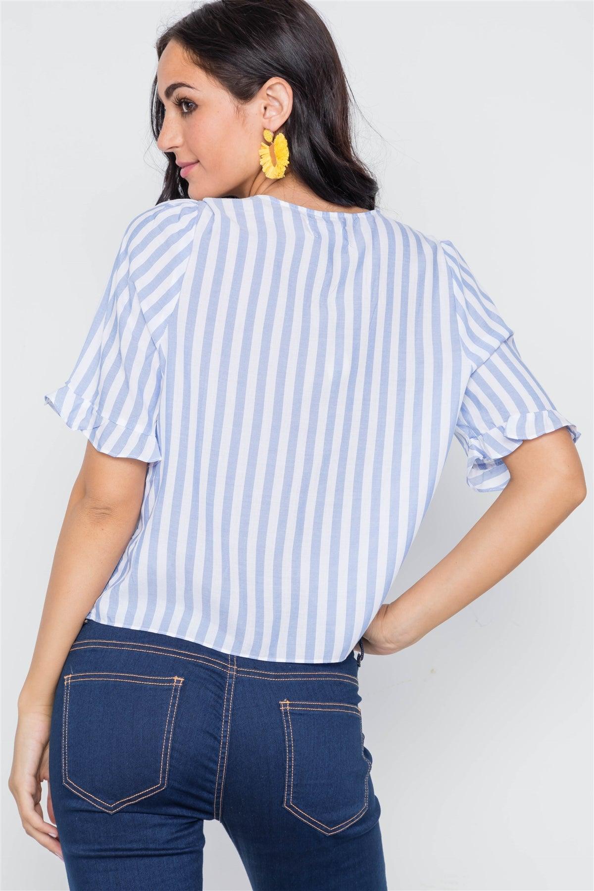 Light Blue Stripe V-Neck Casual Stripe Button Down /3-2-1