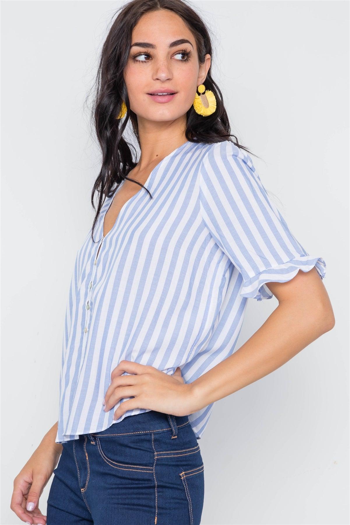 Light Blue Stripe V-Neck Casual Stripe Button Down /3-2-1