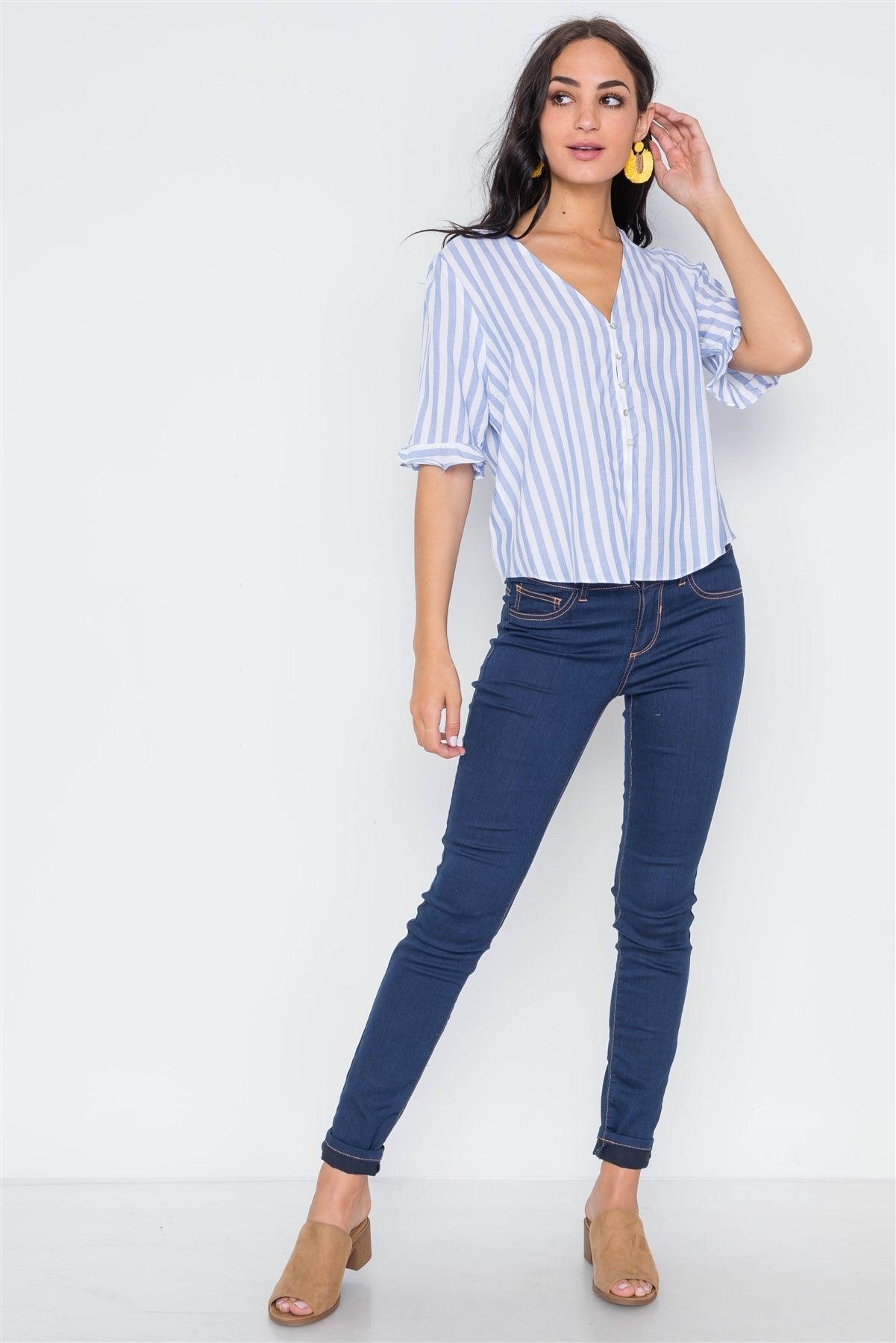 Light Blue Stripe V-Neck Casual Stripe Button Down /3-2-1