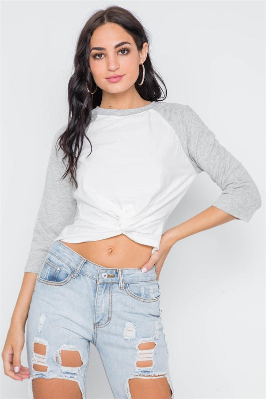 Heather Grey 3/4 Sleeves Front Twist Crop Top /3-2-1