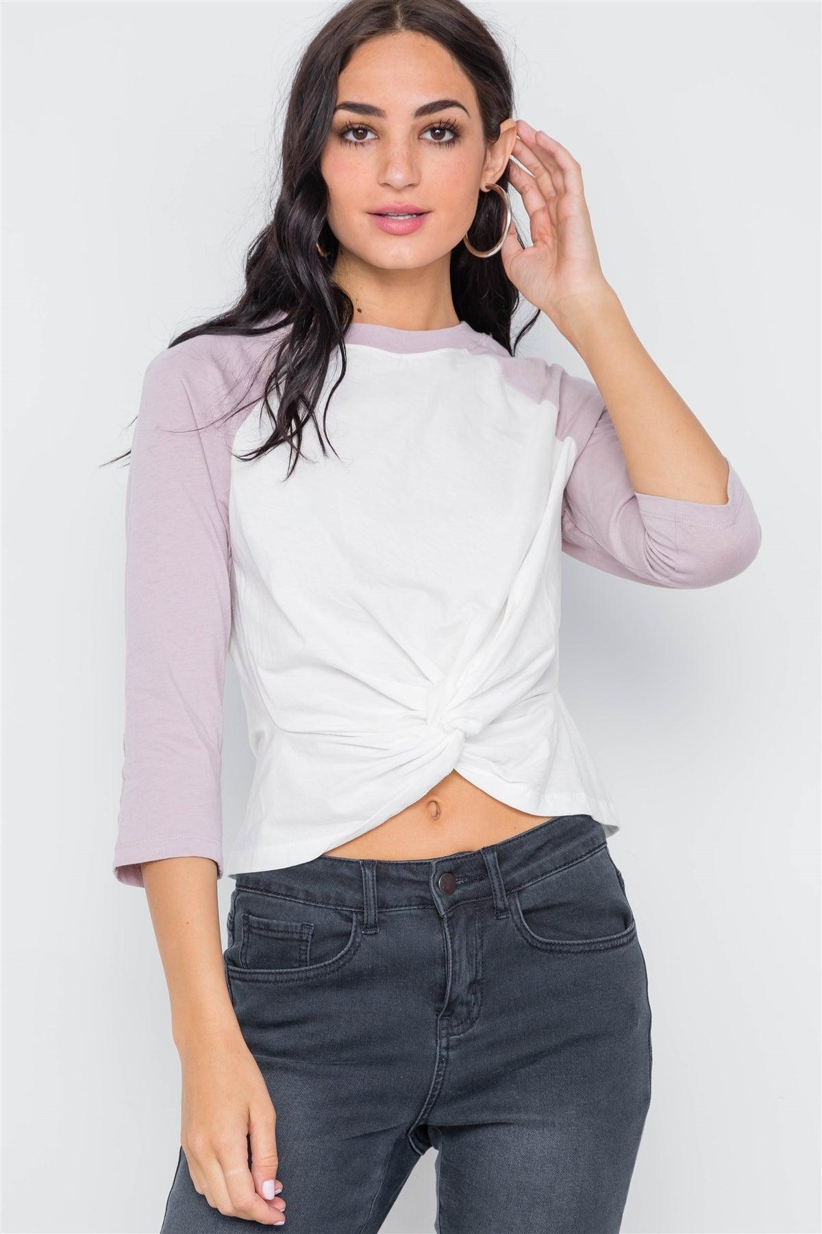 Mauve 3/4 Sleeves Front Twist Crop Top /3-2-1