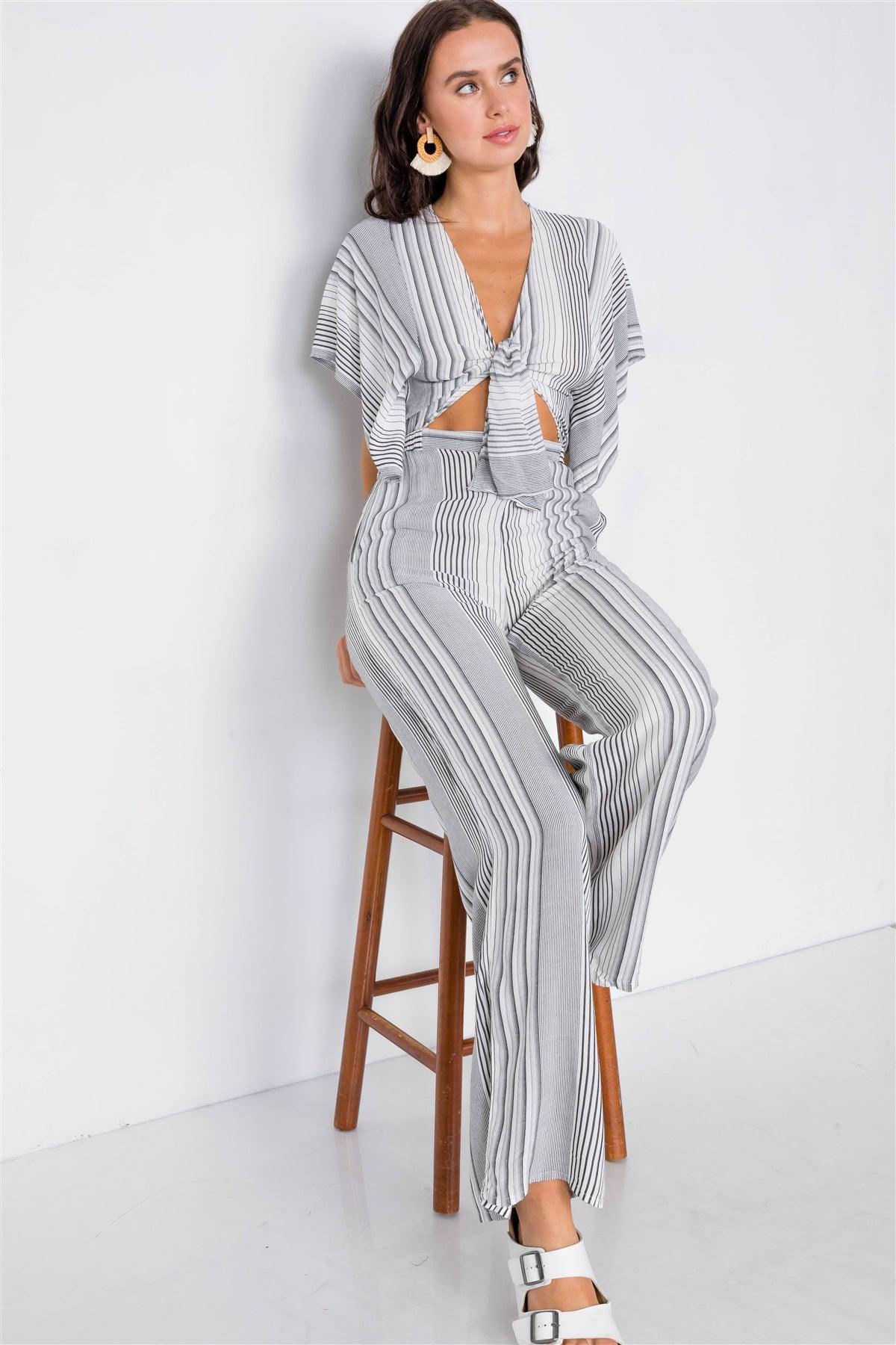 Vertical Black & White Stripe Cut-Out Jumpsuit /3-2-1