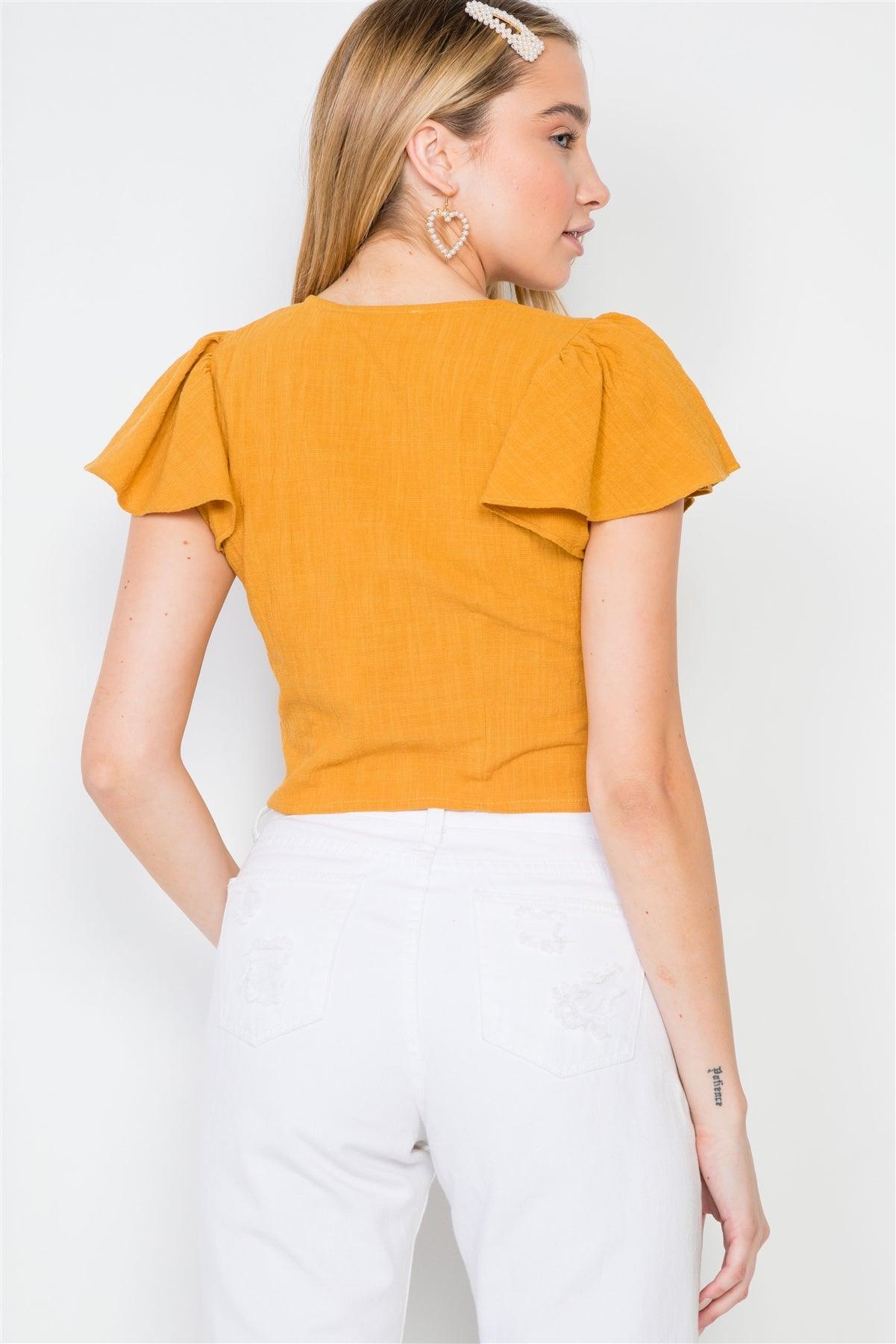 Gold Flounce Sleeves Button-Front Crop Top /2-2-2