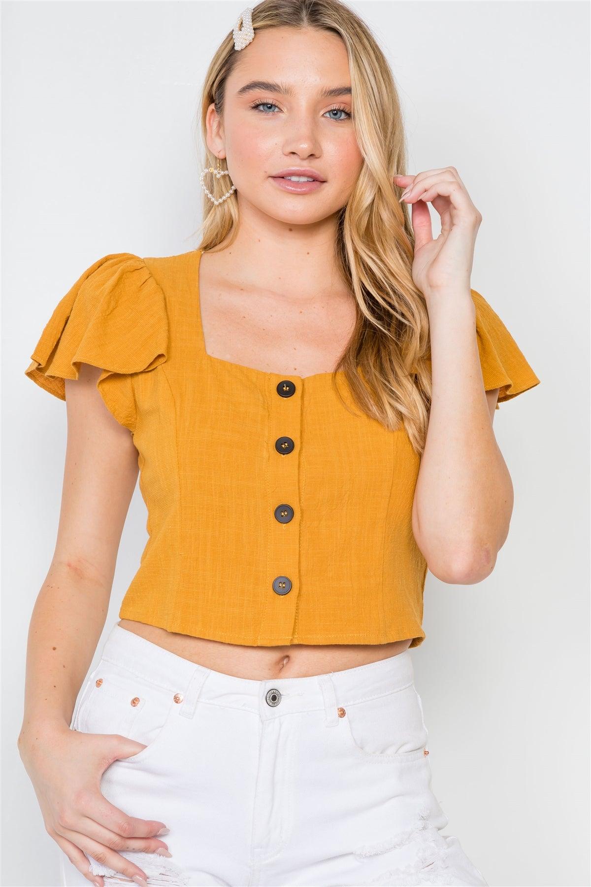 Gold Flounce Sleeves Button-Front Crop Top /2-2-2