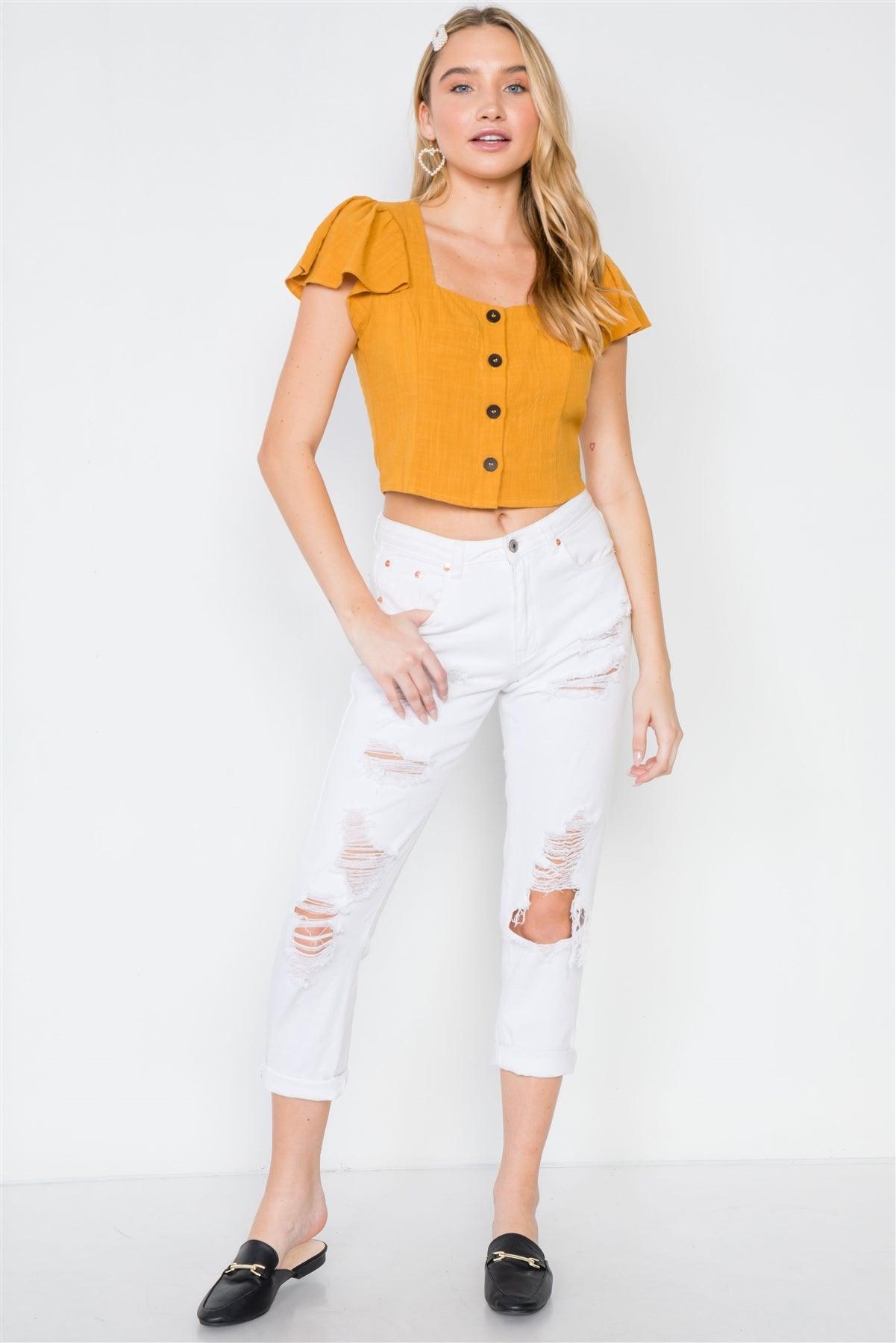 Gold Flounce Sleeves Button-Front Crop Top /2-2-2