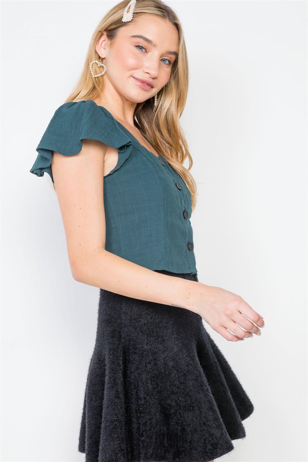 Teal Flounce Sleeves Button-Front Crop Top /2-2-2