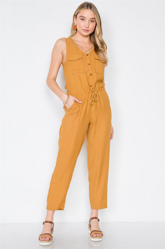 Gold Mustard Button-Front Sleeveless Casual Jumpsuit /3-2-1