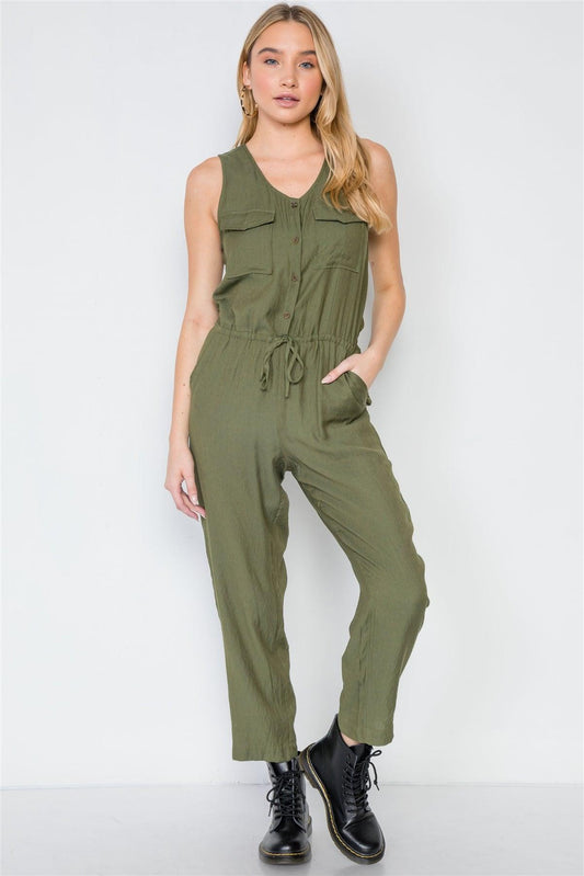 Olive Button-Front Sleeveless Casual Jumpsuit /3-2-1