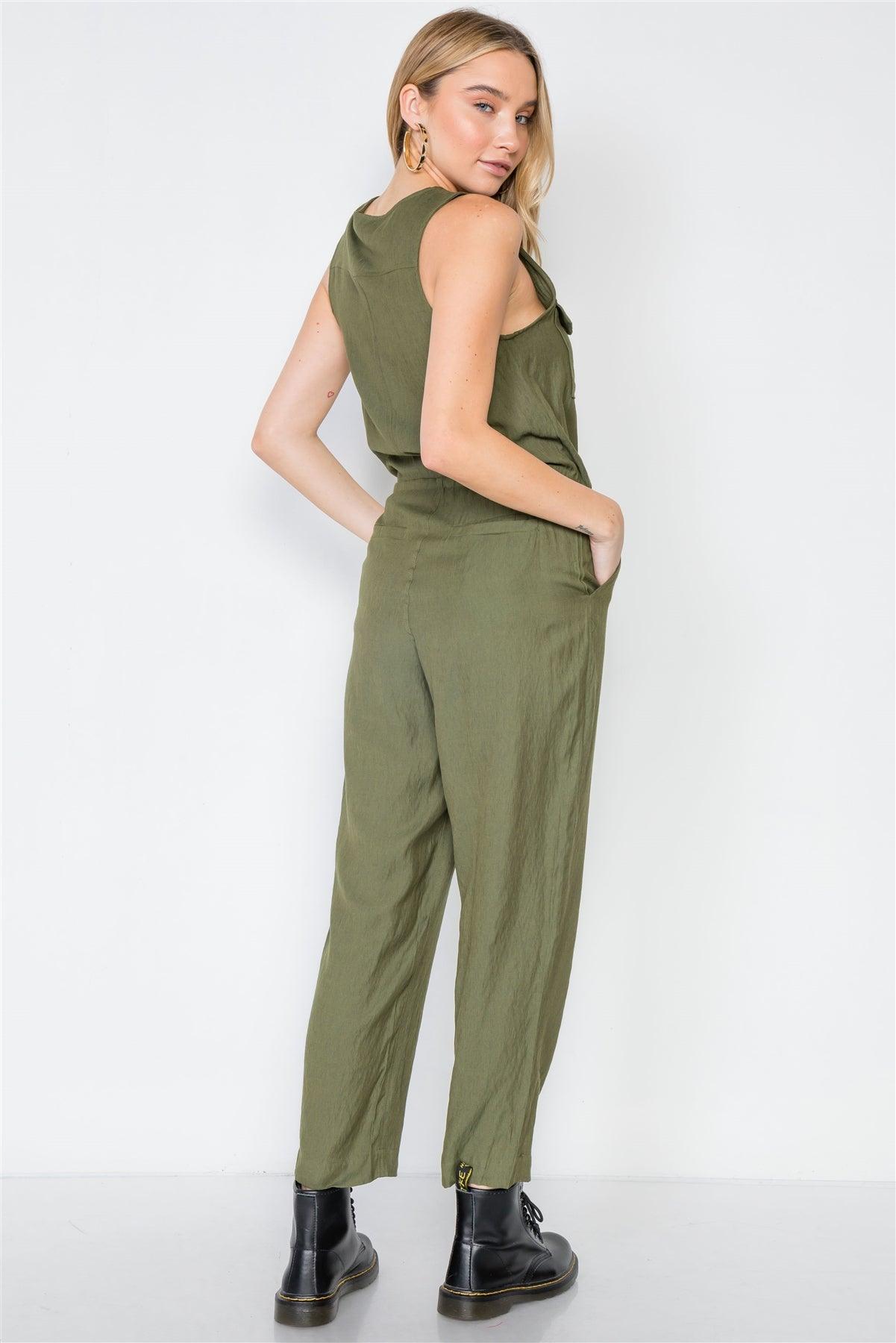 Olive Button-Front Sleeveless Casual Jumpsuit /3-2-1